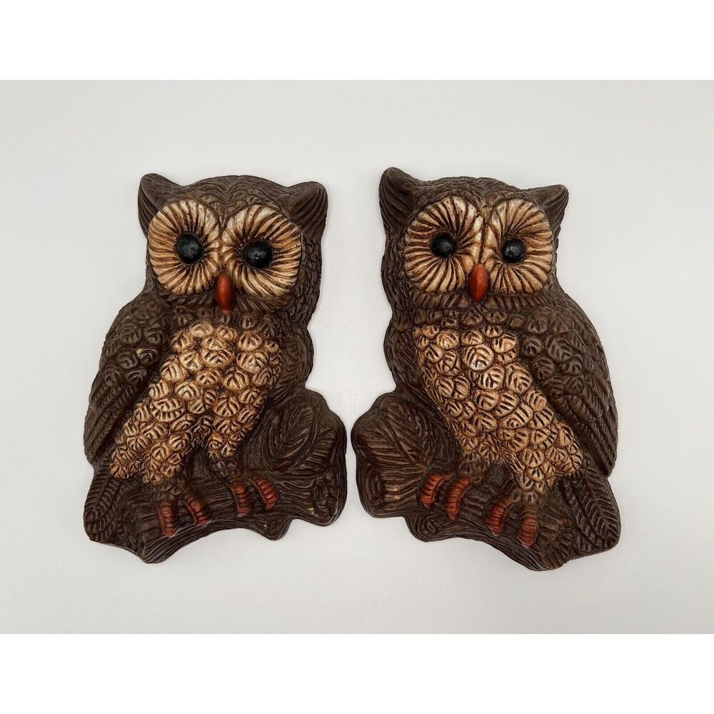 Pair 8” Owls Hanging Wall Art Vintage 1970's Molded Hard Foam Home Decor Retro